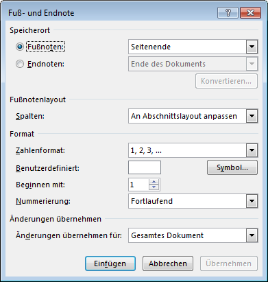 Zusatzliche Optionen zur Nummerierung der Fussnoten